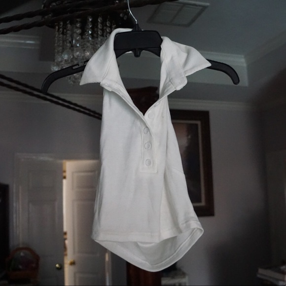 White Halter Collared Button-Up Crop Top - Picture 4 of 8